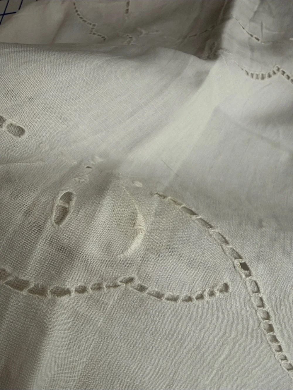 Antique White Linen Lace Table Topper 33 x 31 Drawn Thread Cutwork Embroidery